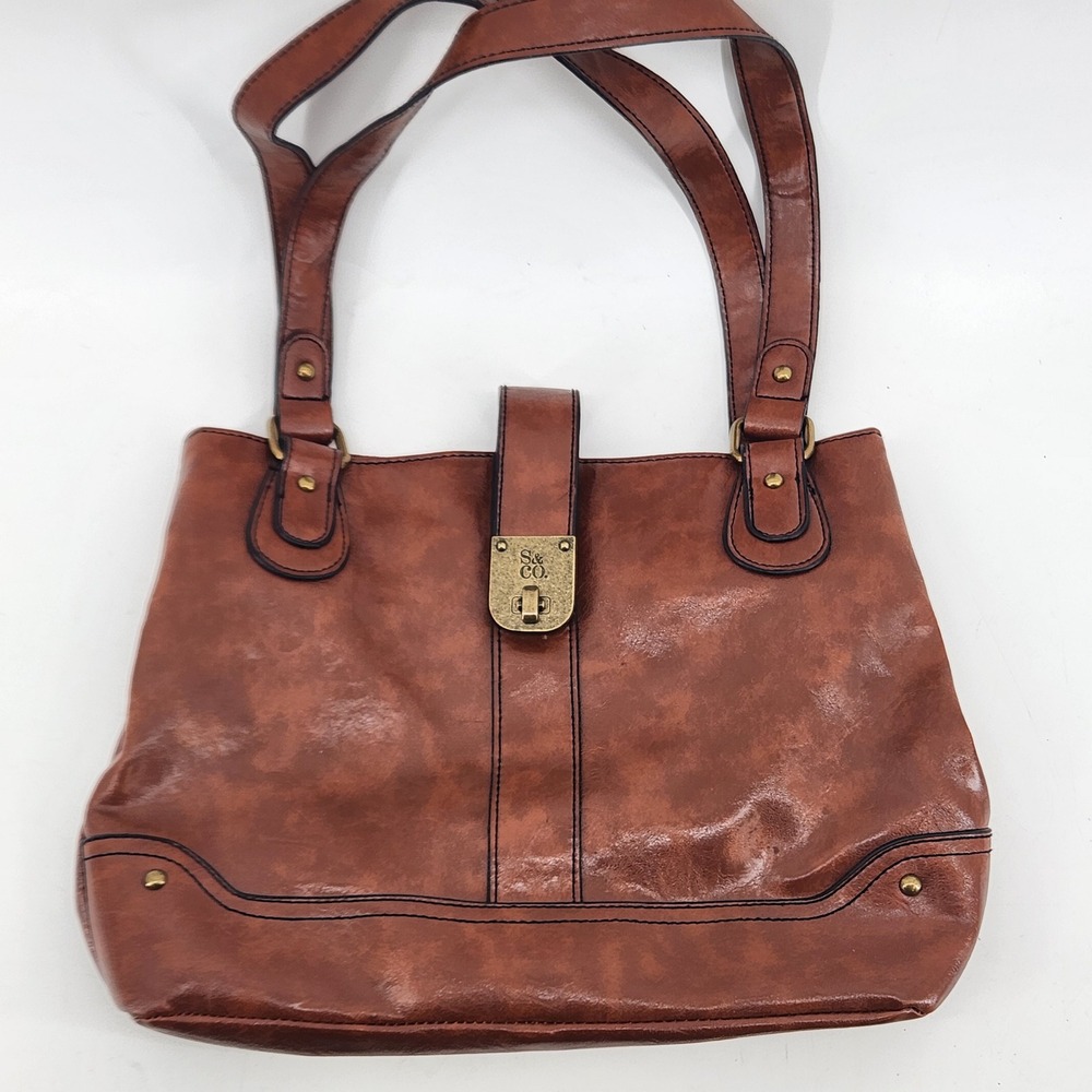 Style & Co‎ Handbag Brown Faux Leather Satchel Shoulder Bag Brass Hardware Purse